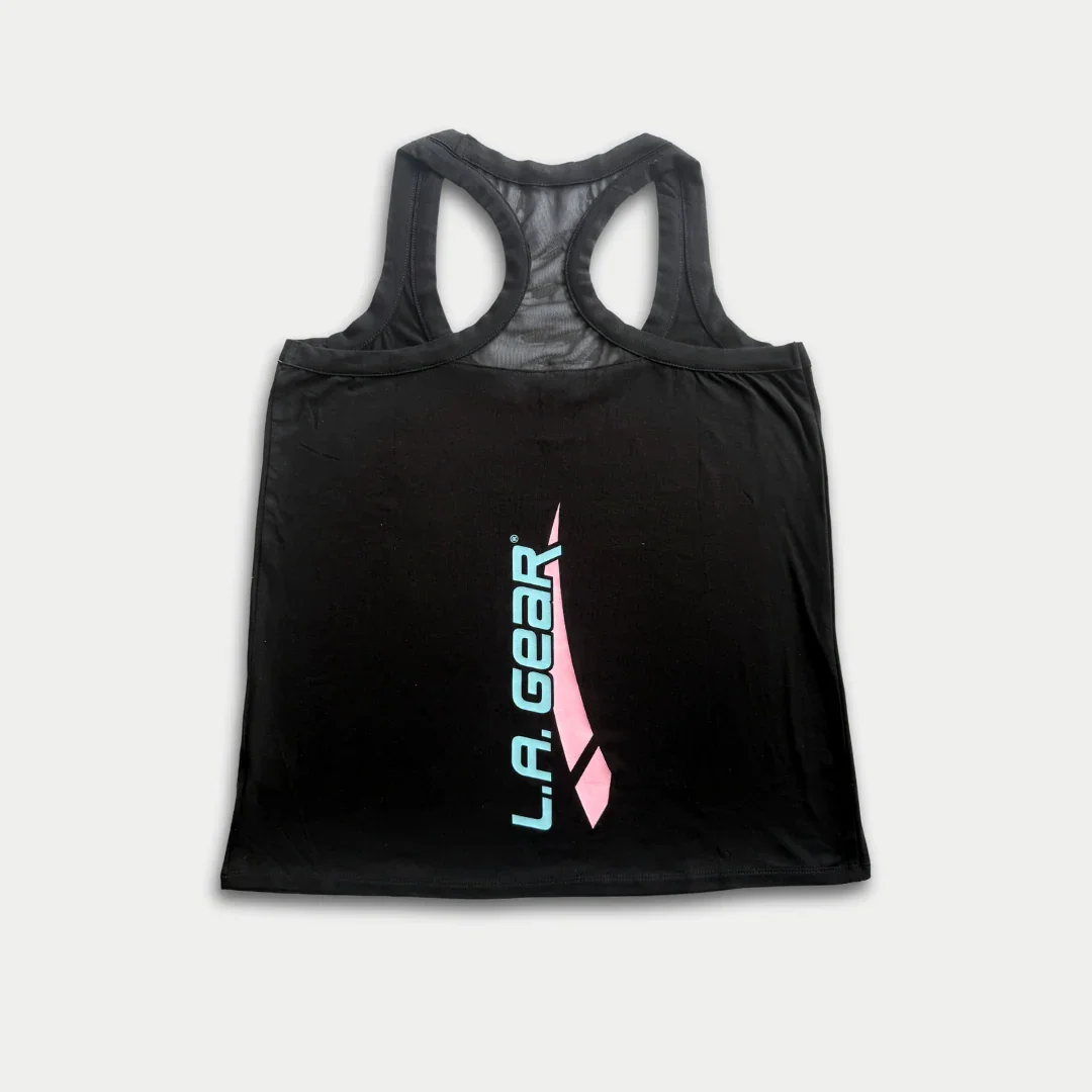 LA Gear Women’s Racerback Tank | Black with Aqua x Pink Logo - Image 3